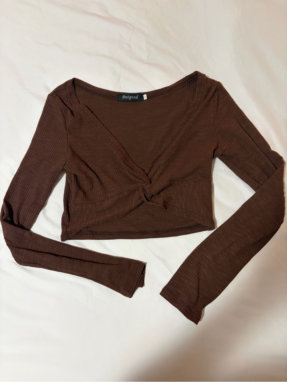 Brown Twist-Front Long Sleeve Crop Top